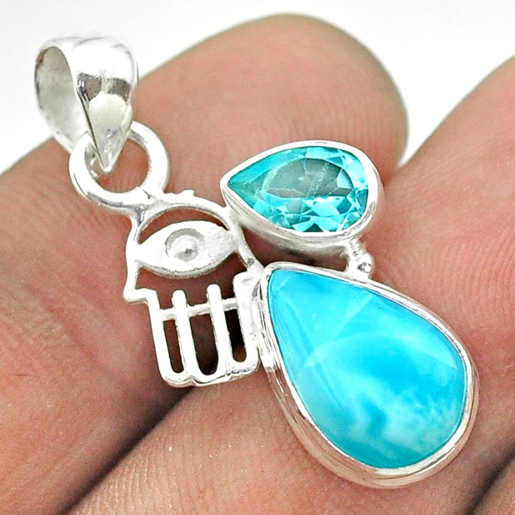 7.01cts natural blue larimar topaz 925 silver hand of god hamsa pendant t56691