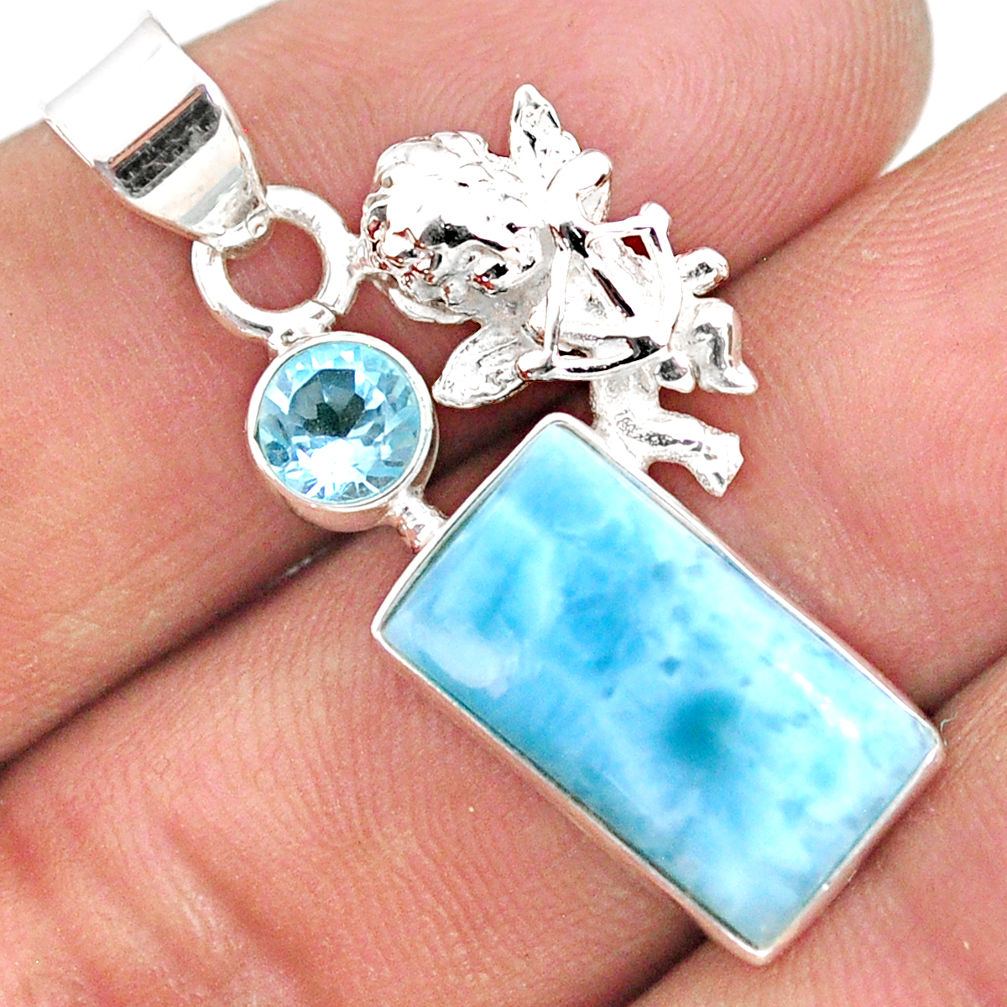 6.84cts natural blue larimar topaz 925 sterling silver angel pendant r68019