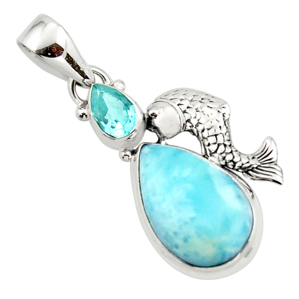 13.73cts natural blue larimar topaz 925 sterling silver fish pendant r43779