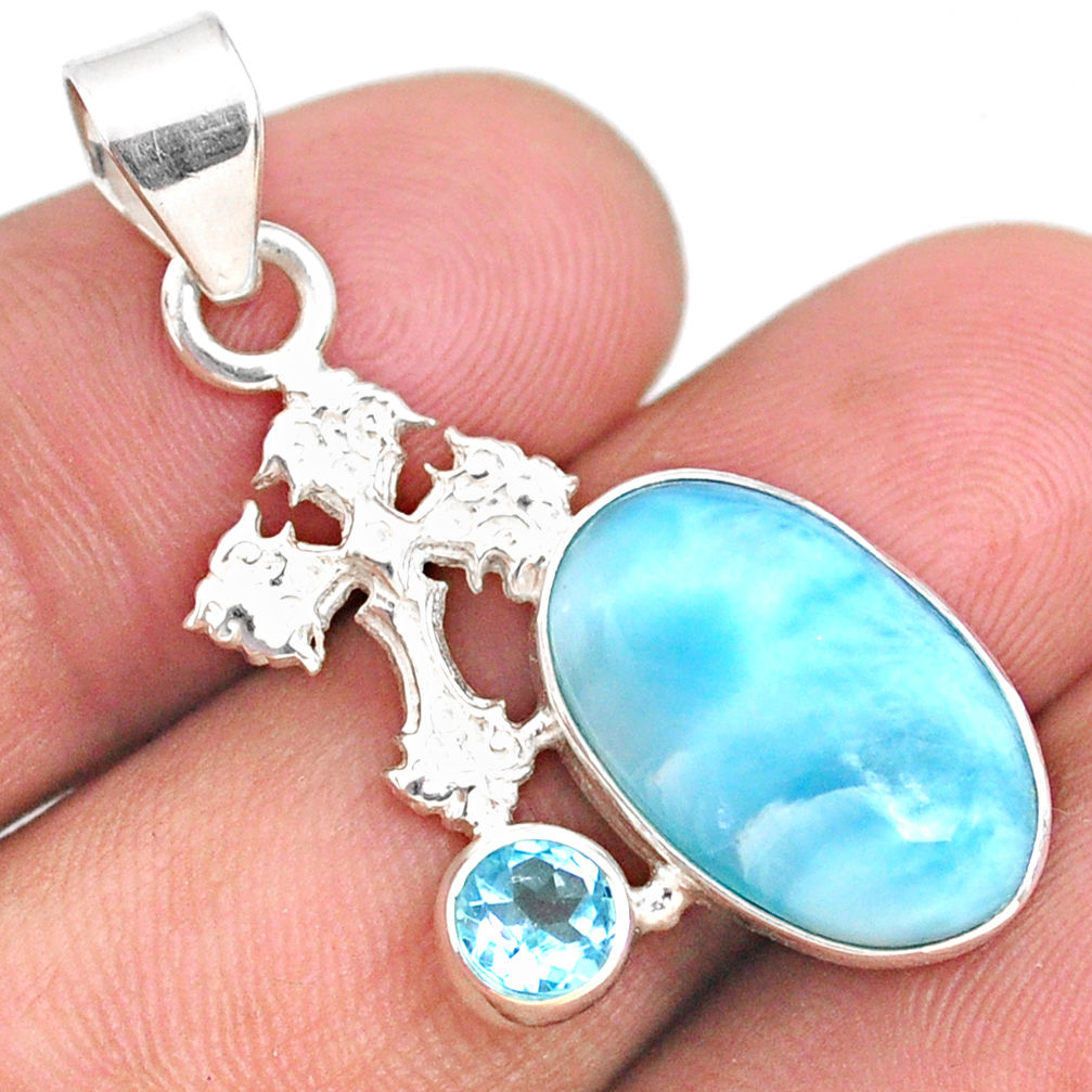 7.97cts natural blue larimar topaz 925 sterling silver holy cross pendant r67990