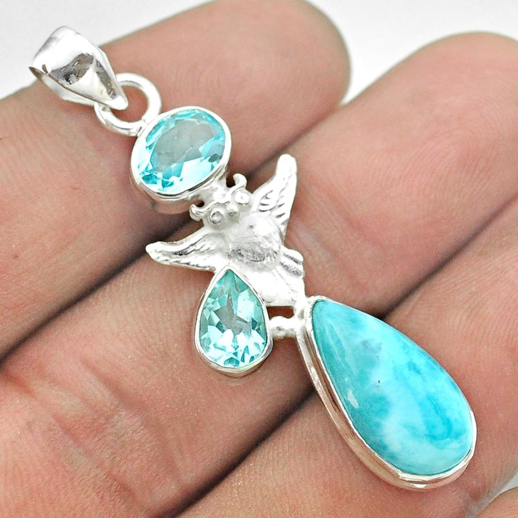 10.24cts natural blue larimar topaz 925 sterling silver owl pendant t56673