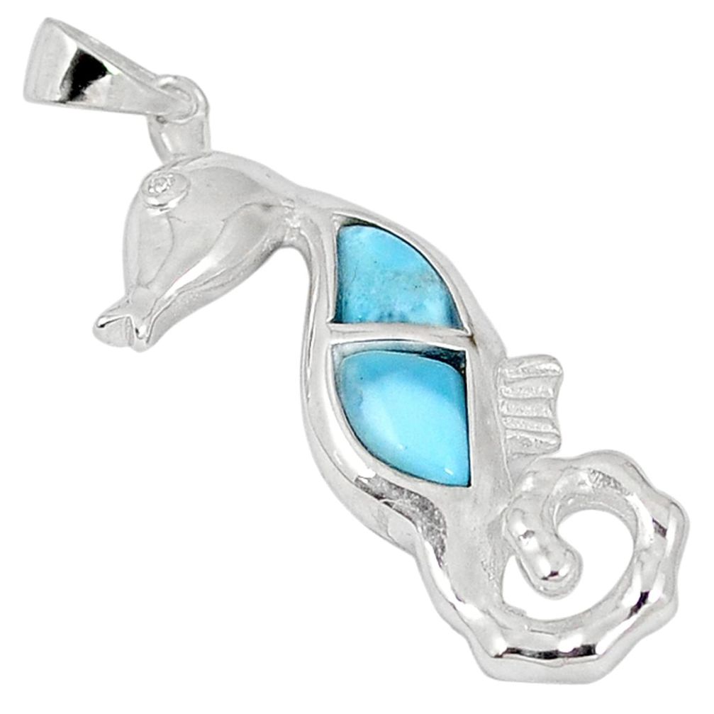 Natural blue larimar topaz 925 sterling silver seahorse pendant a57005 c15326