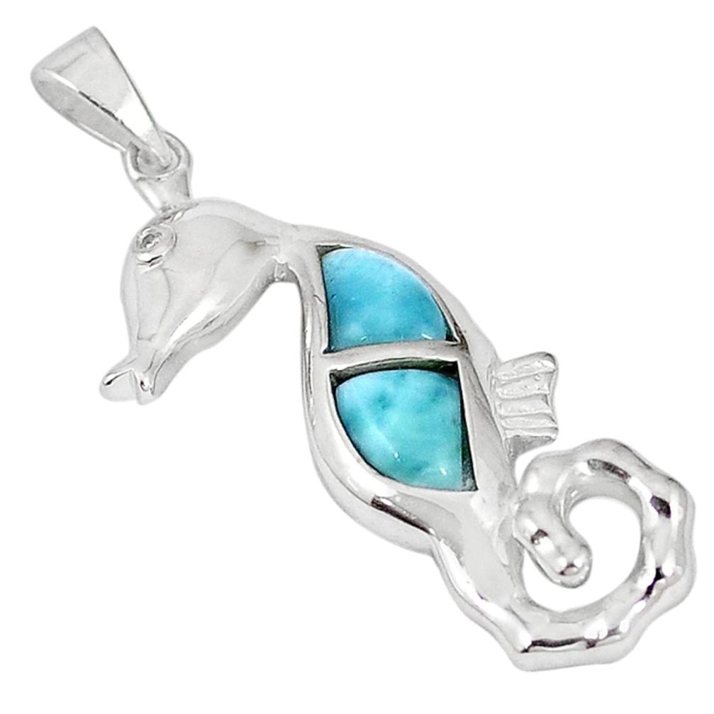 Natural blue larimar topaz 925 sterling silver seahorse pendant a57006 c15324