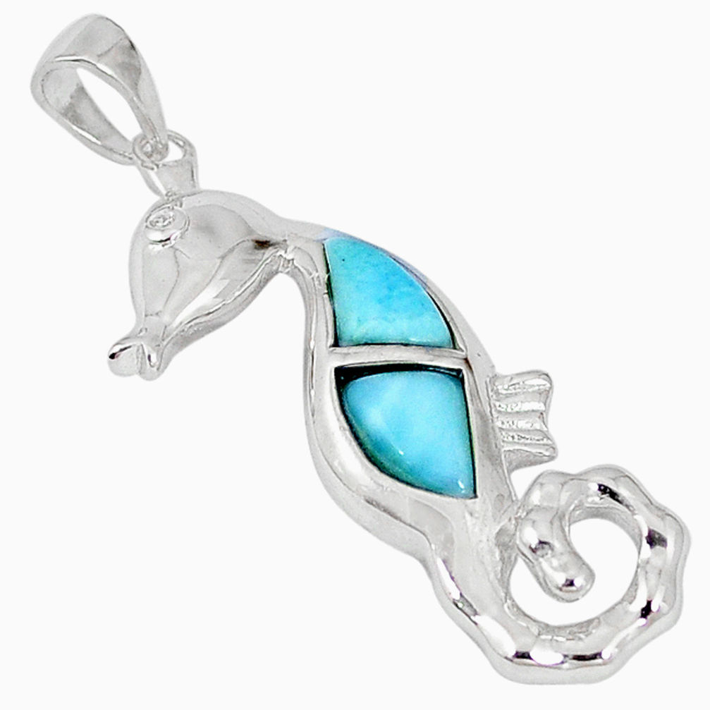 LAB Natural blue larimar topaz 925 sterling silver seahorse pendant a57013 c15338