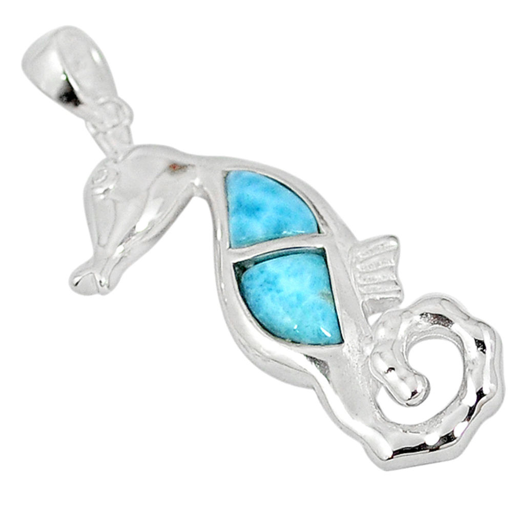 LAB Natural blue larimar topaz 925 sterling silver seahorse pendant a57019 c15322