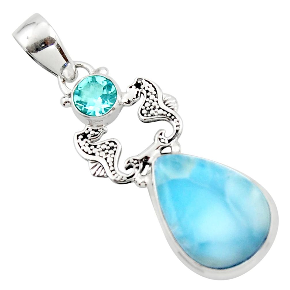 14.01cts natural blue larimar topaz 925 sterling silver seahorse pendant r43769