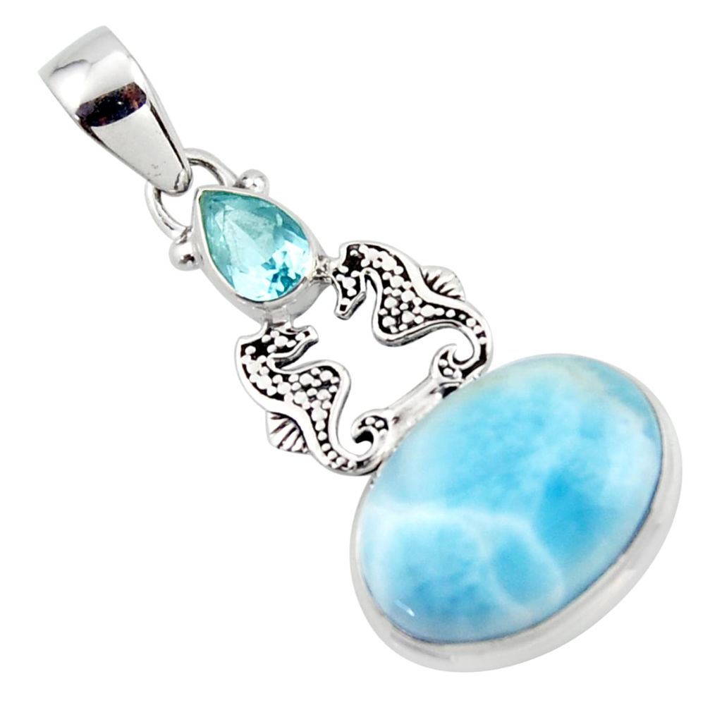 13.84cts natural blue larimar topaz 925 sterling silver seahorse pendant r43793