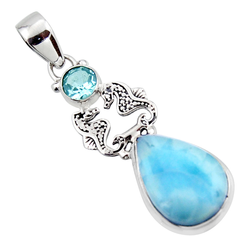 11.81cts natural blue larimar topaz 925 sterling silver seahorse pendant r43800