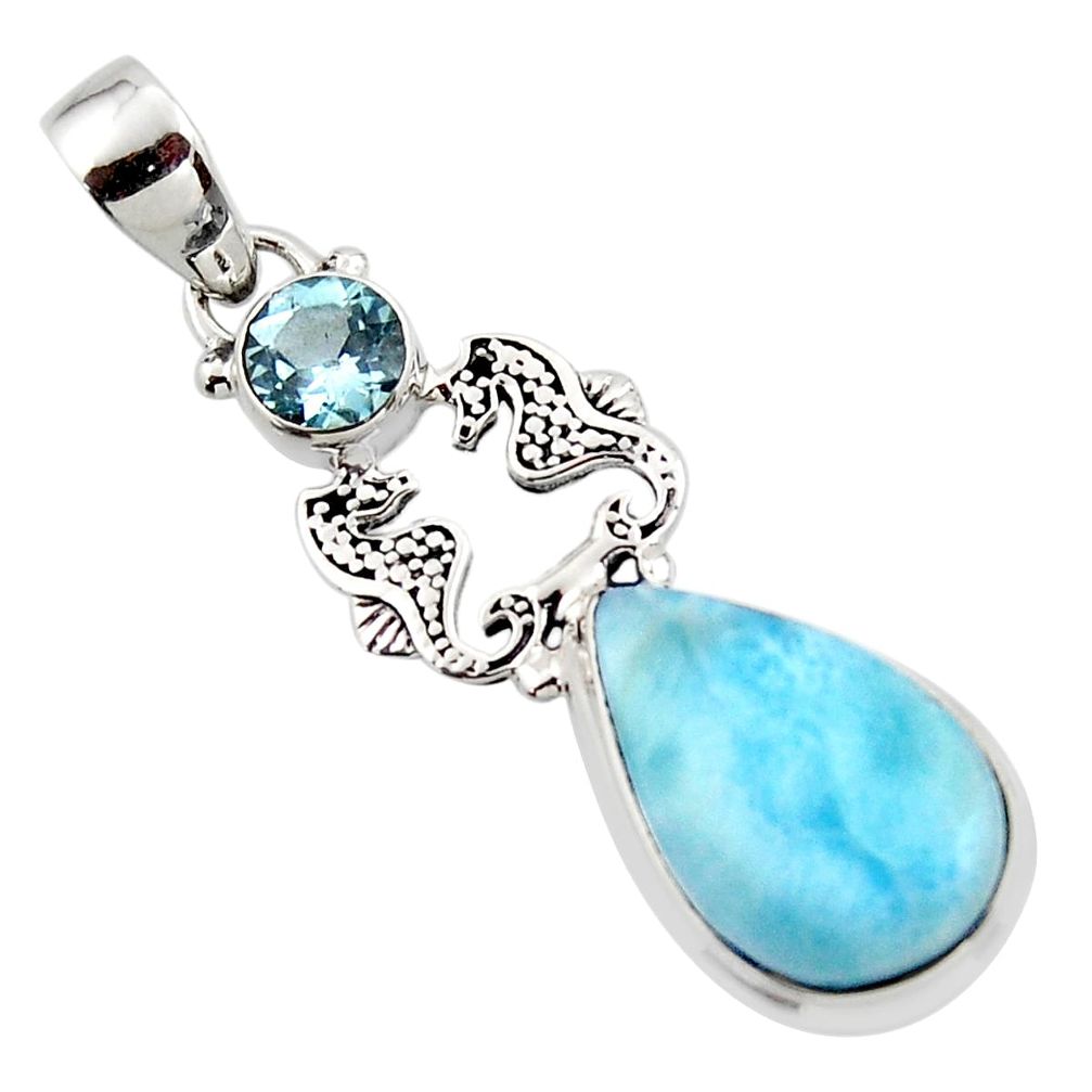 13.09cts natural blue larimar topaz 925 sterling silver seahorse pendant r43808