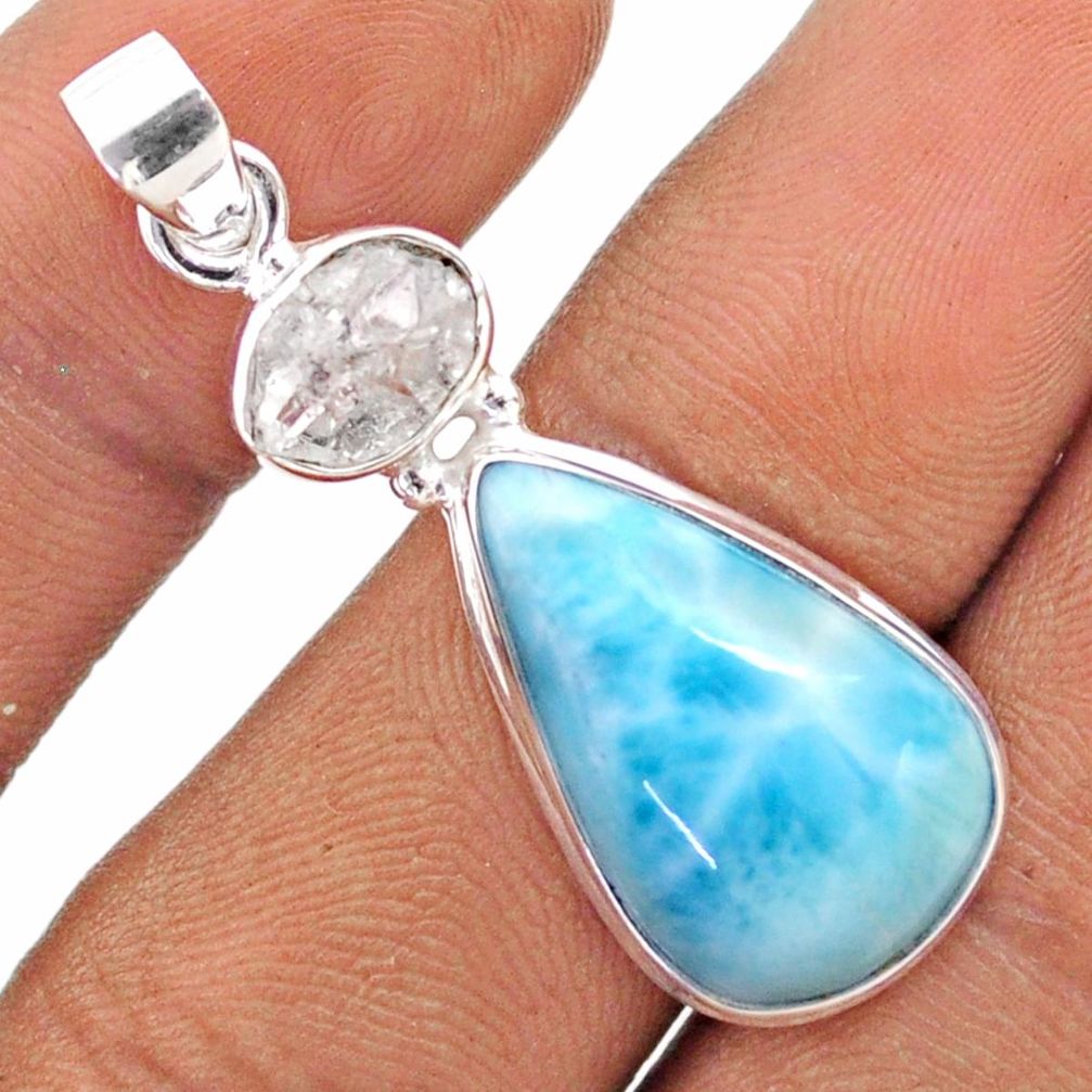 14.18cts natural blue larimar white herkimer diamond 925 silver pendant t80095