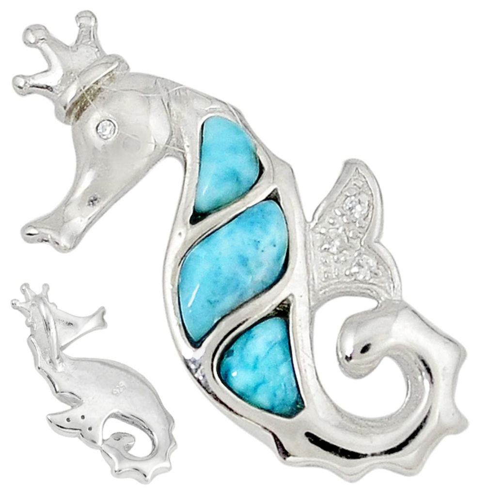 Natural blue larimar white topaz 925 silver seahorse pendant a32874 c15339
