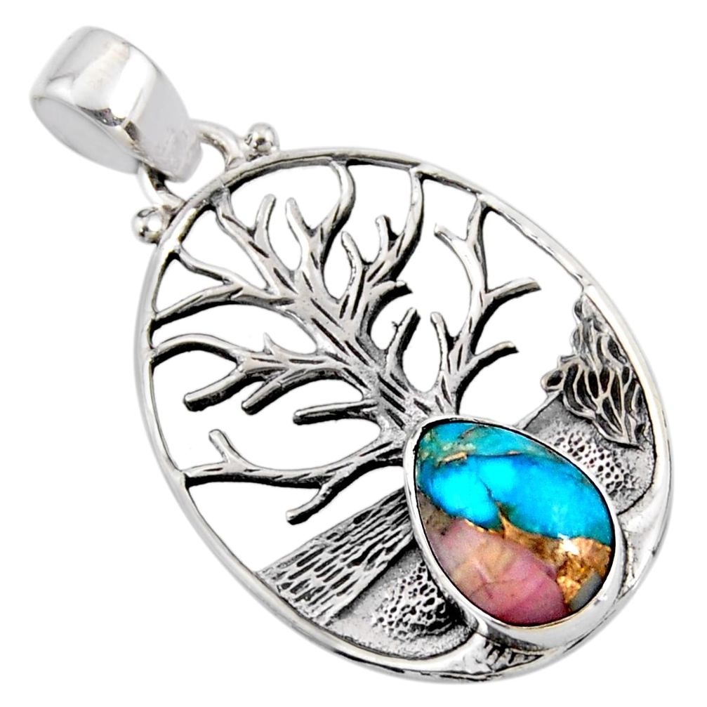 4.21cts natural blue opal in turquoise 925 silver tree of life pendant r52993