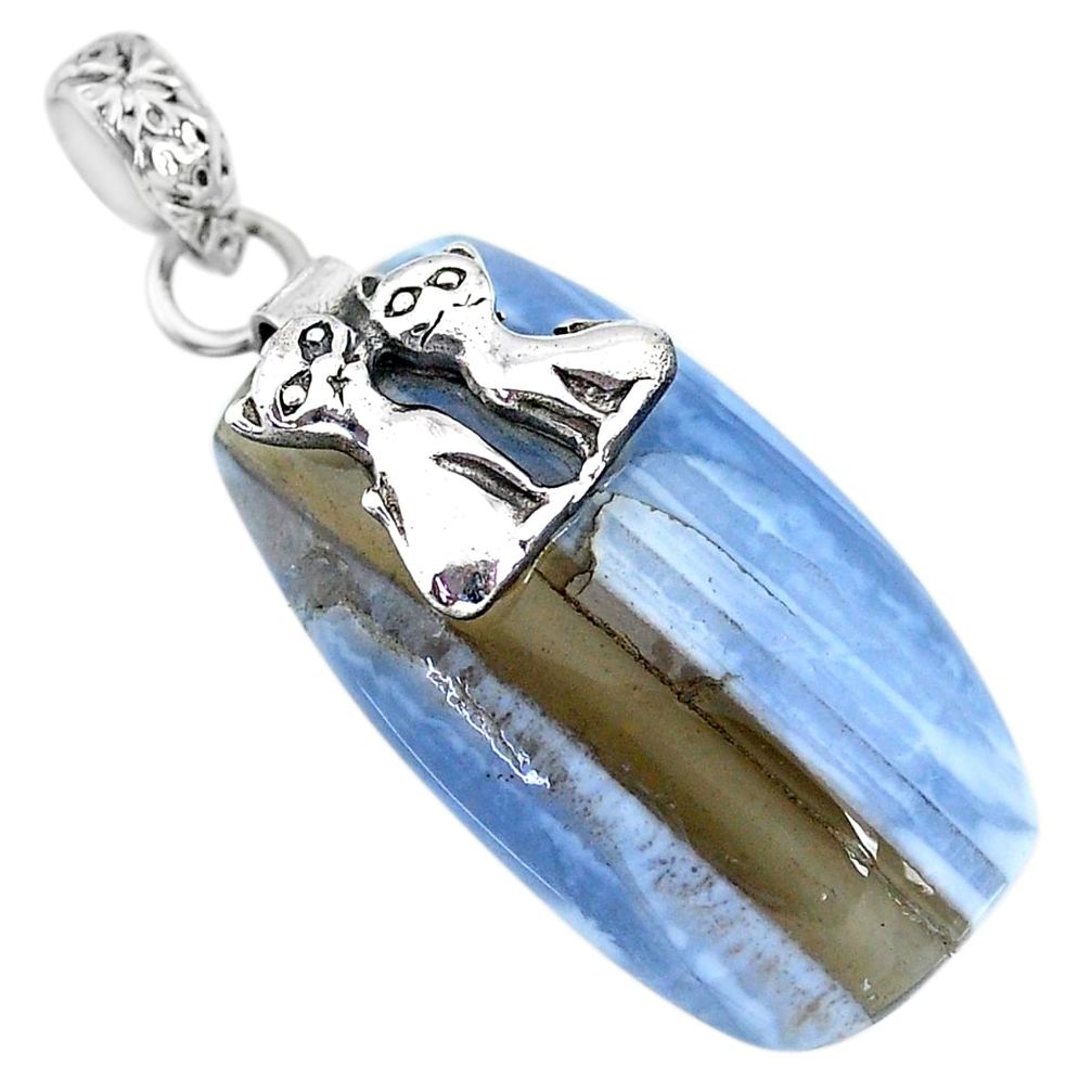 23.10cts natural blue owyhee opal 925 sterling silver two cats pendant r91347