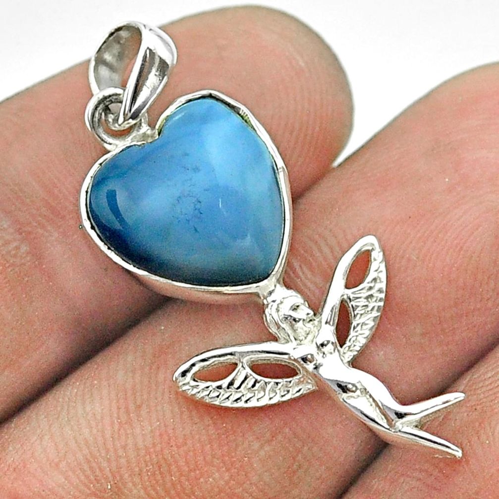 5.87cts natural blue owyhee opal heart silver angel wings fairy pendant t55280