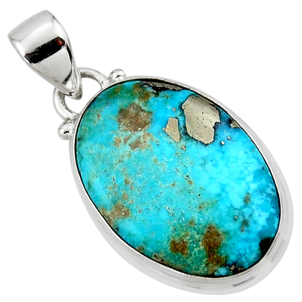11.73cts natural blue persian turquoise pyrite 925 silver pendant r49326
