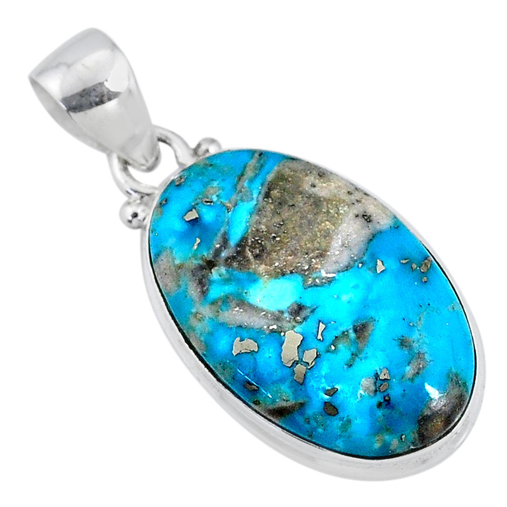 10.65cts natural blue persian turquoise pyrite 925 silver pendant r63497