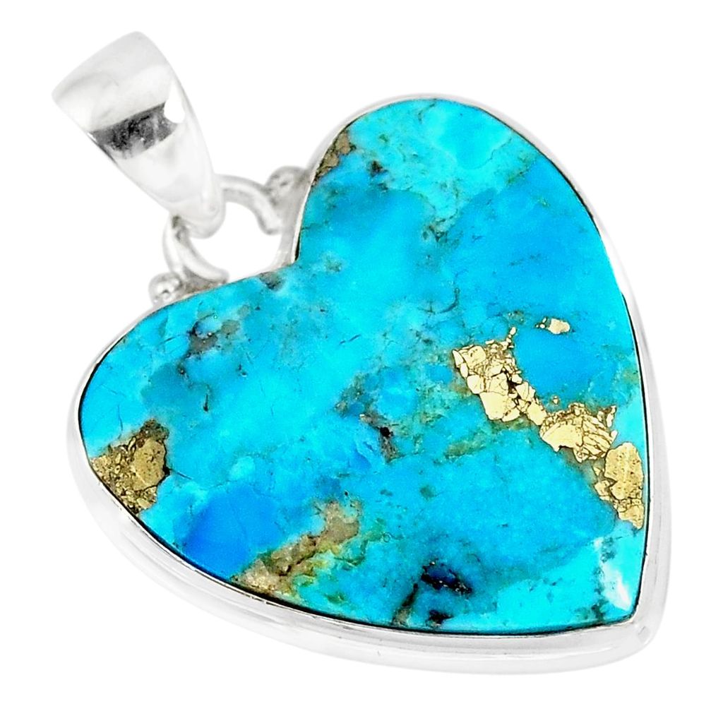 14.72cts natural blue persian turquoise pyrite 925 silver pendant r83262