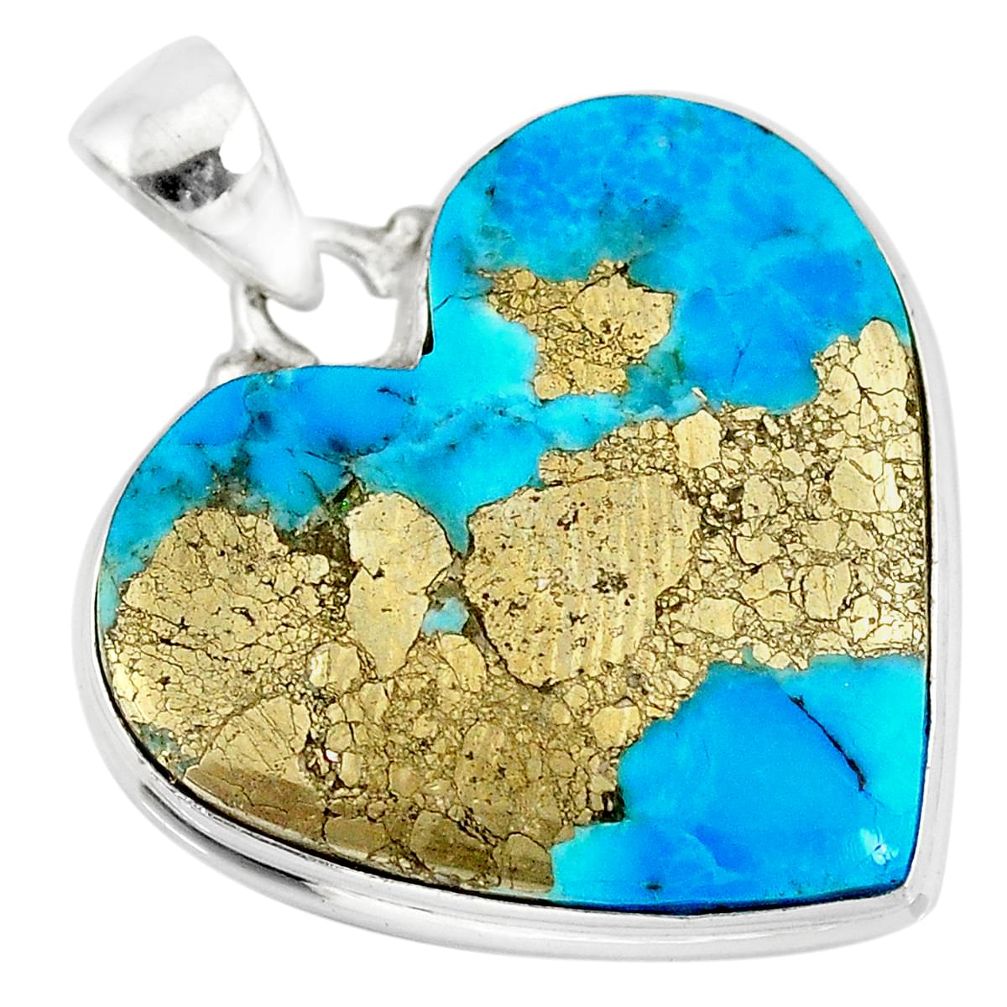 20.62cts natural blue persian turquoise pyrite 925 silver pendant r83265