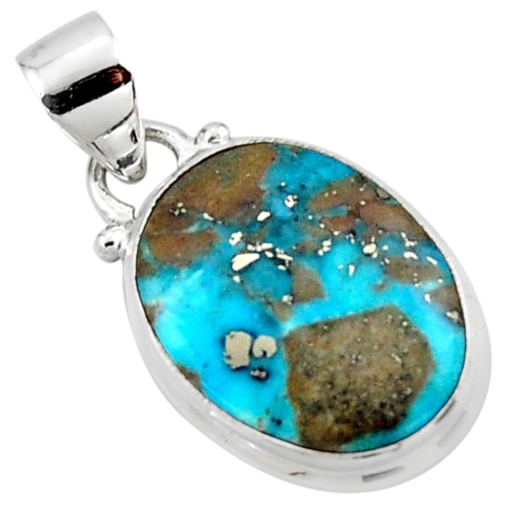 9.72cts natural blue persian turquoise pyrite 925 sterling silver pendant r49363