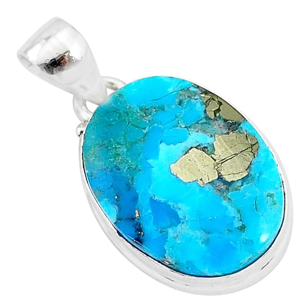 11.73cts natural blue persian turquoise pyrite 925 sterling silver pendant t4143