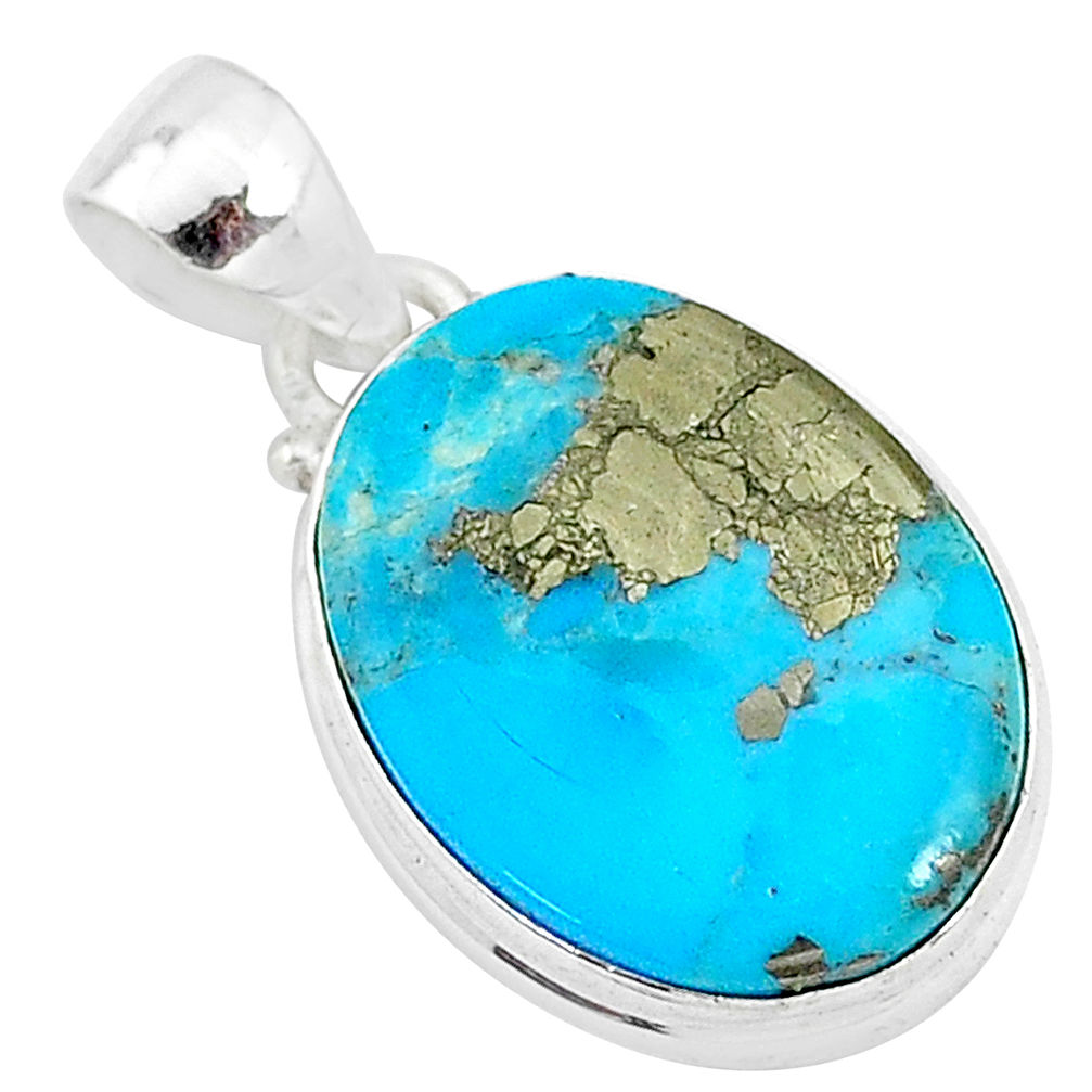 11.73cts natural blue persian turquoise pyrite 925 sterling silver pendant t4145