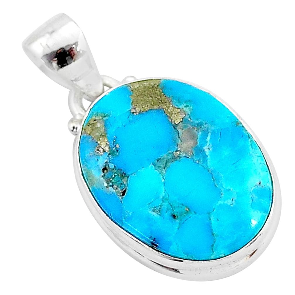 11.73cts natural blue persian turquoise pyrite 925 sterling silver pendant t4149