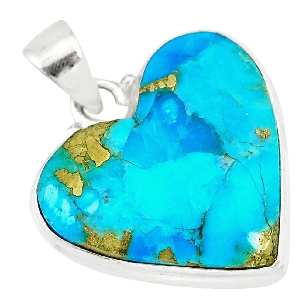 15.08cts natural blue persian turquoise pyrite heart 925 silver pendant r83253