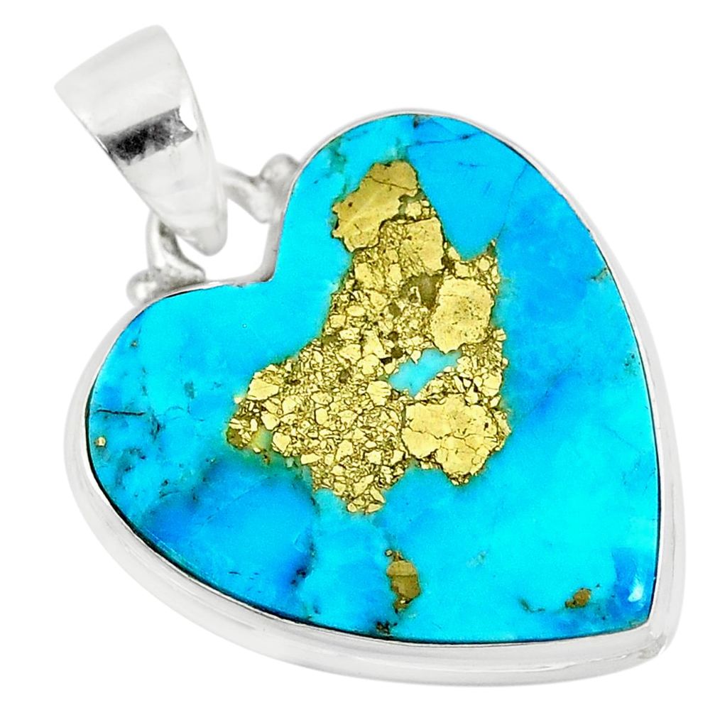 14.23cts natural blue persian turquoise pyrite heart 925 silver pendant r83254