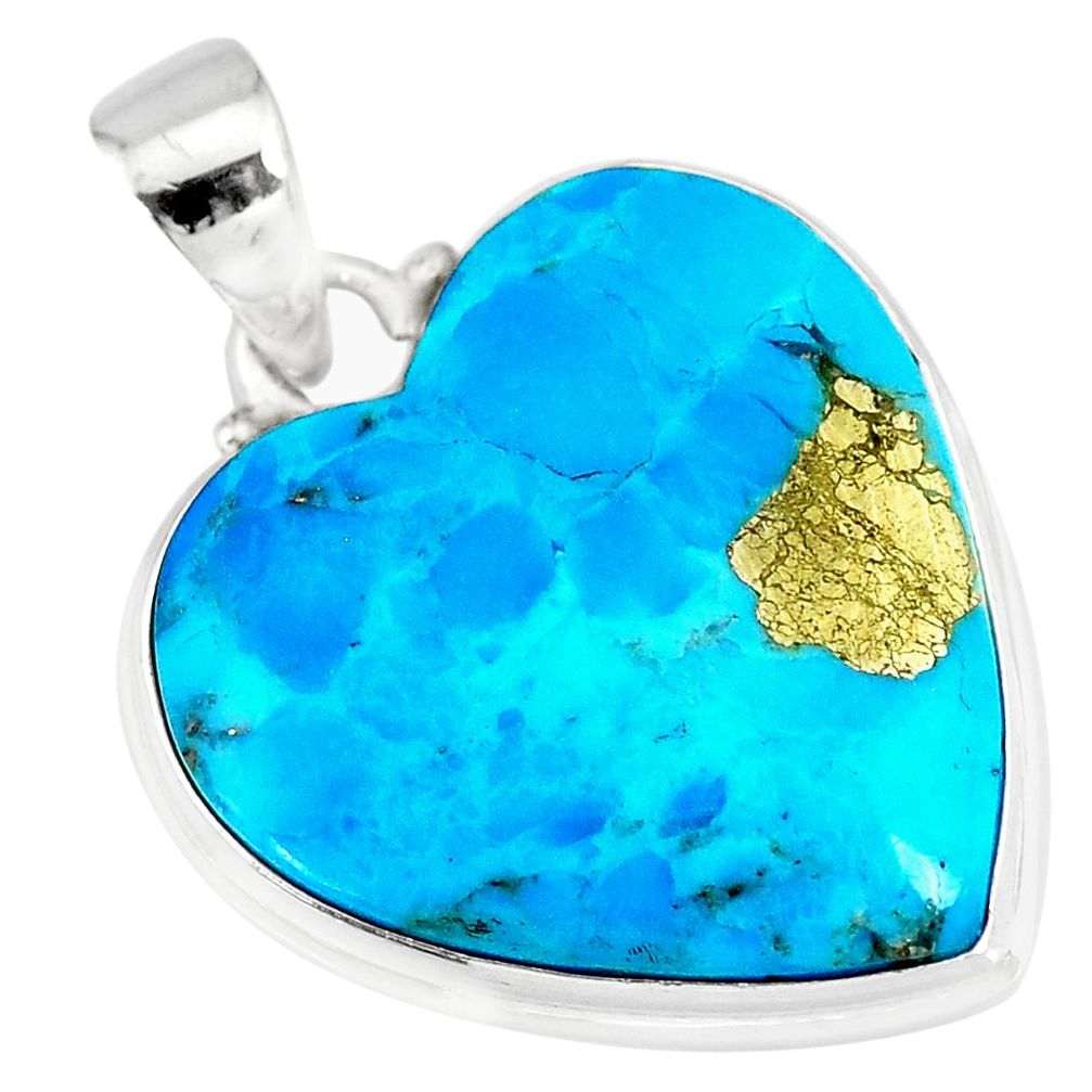 16.73cts natural blue persian turquoise pyrite heart 925 silver pendant r83256