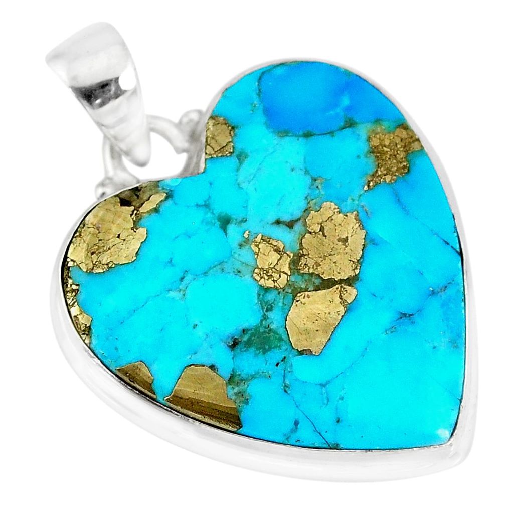 14.72cts natural blue persian turquoise pyrite heart 925 silver pendant r83270