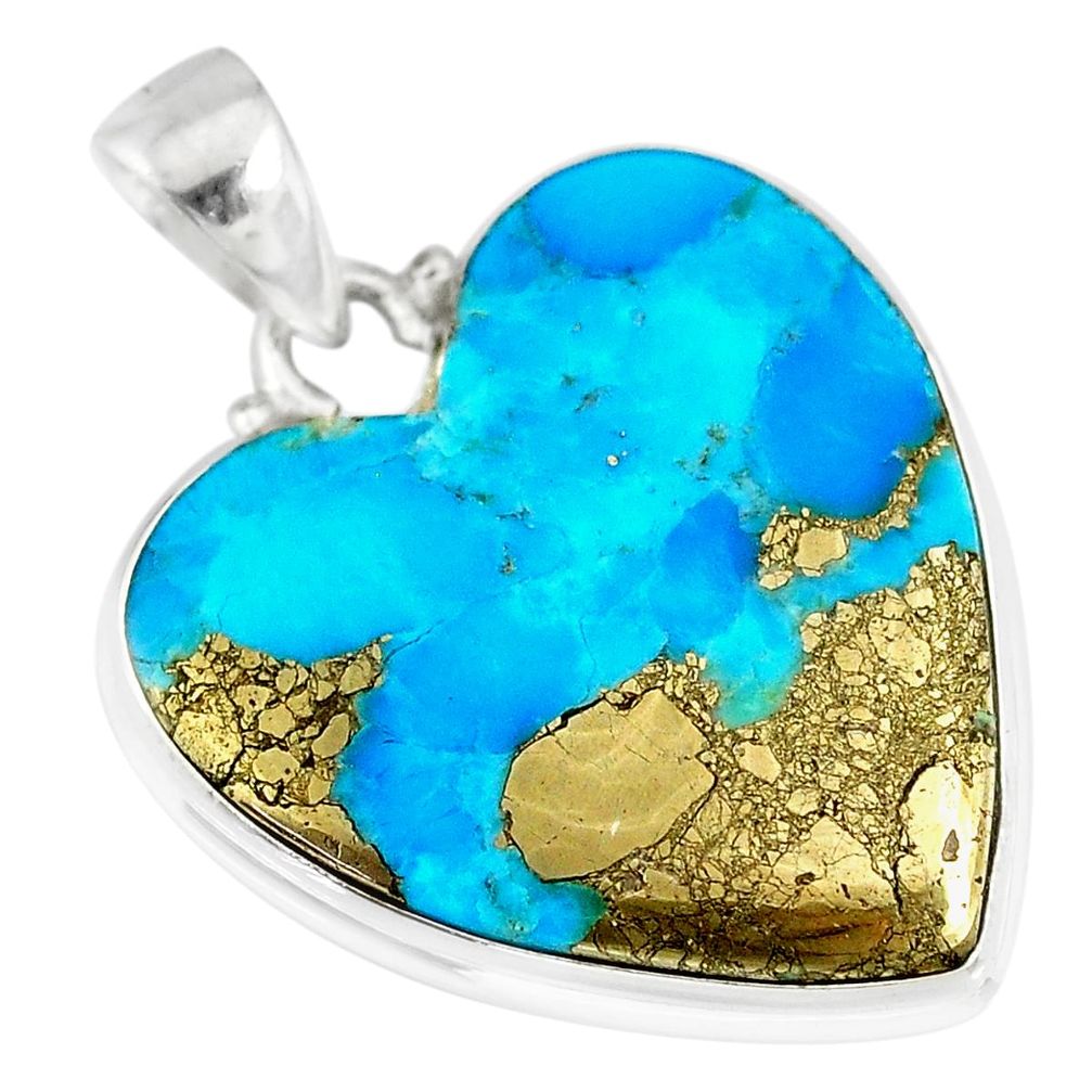 18.15cts natural blue persian turquoise pyrite heart 925 silver pendant r83275