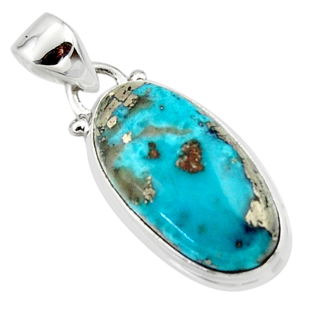 11.70cts natural blue persian turquoise pyrite oval 925 silver pendant r49319