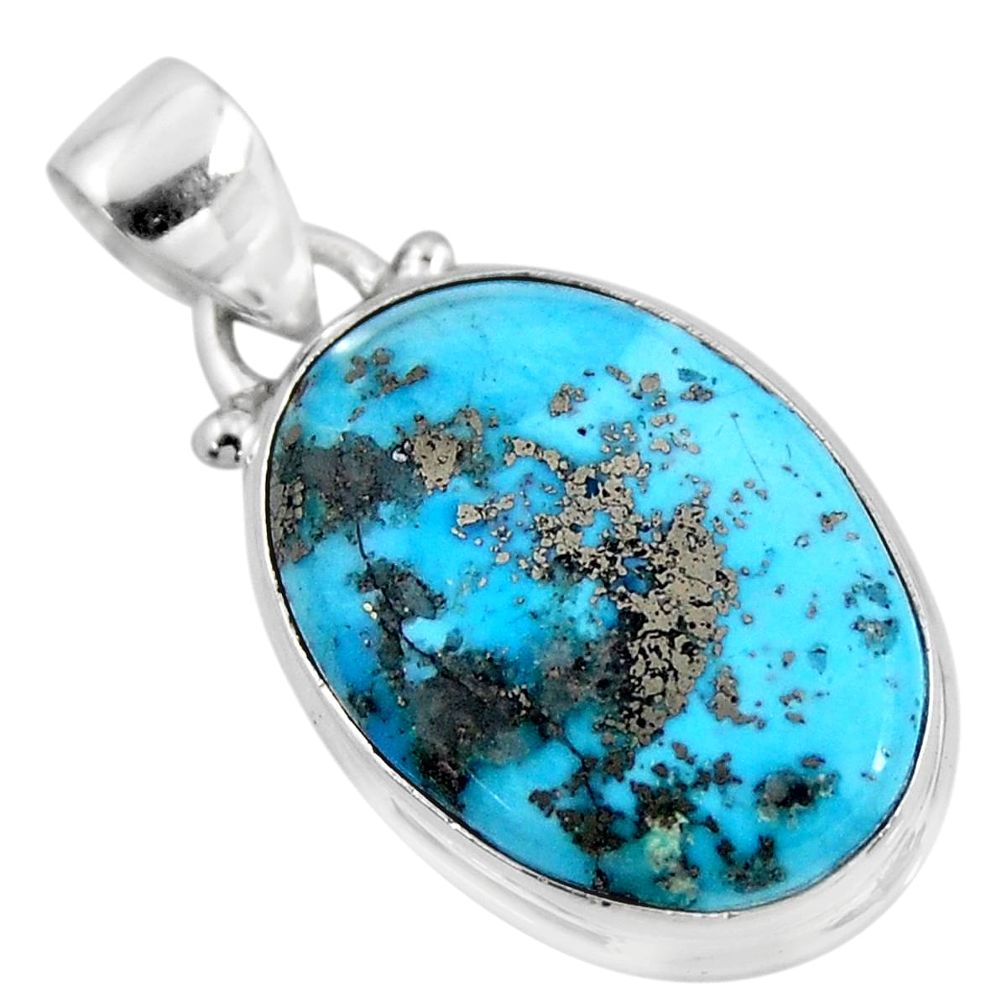 11.20cts natural blue persian turquoise pyrite oval 925 silver pendant r51222