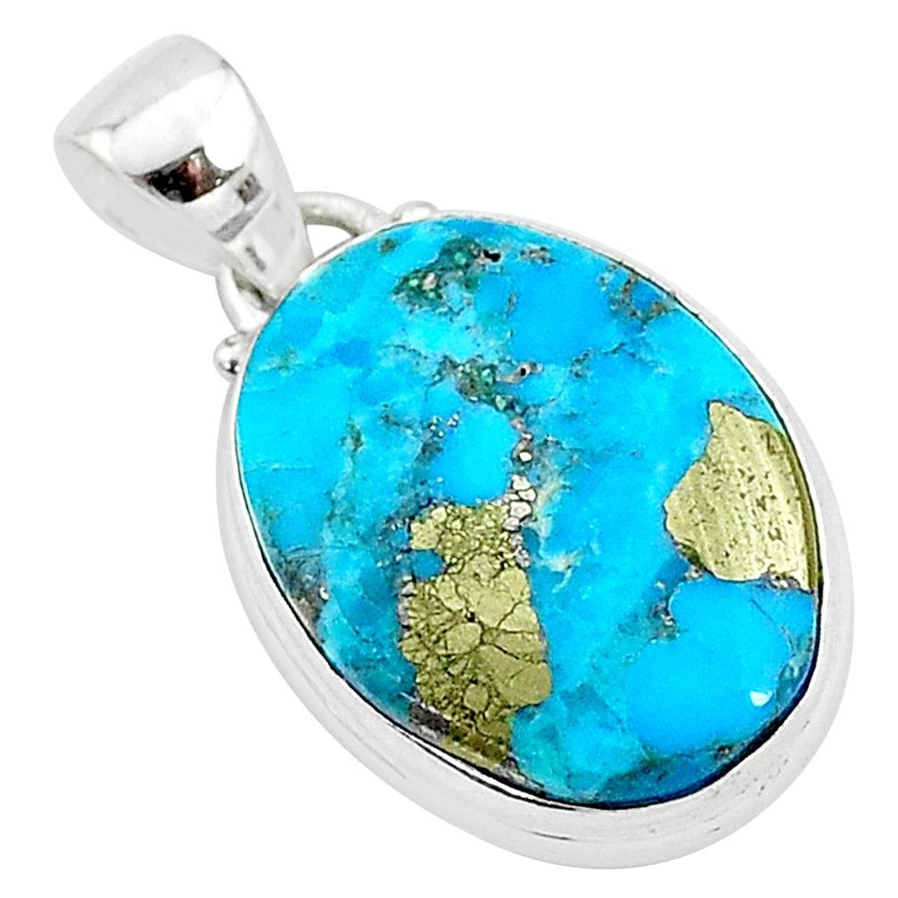 12.22cts natural blue persian turquoise pyrite oval 925 silver pendant t4147