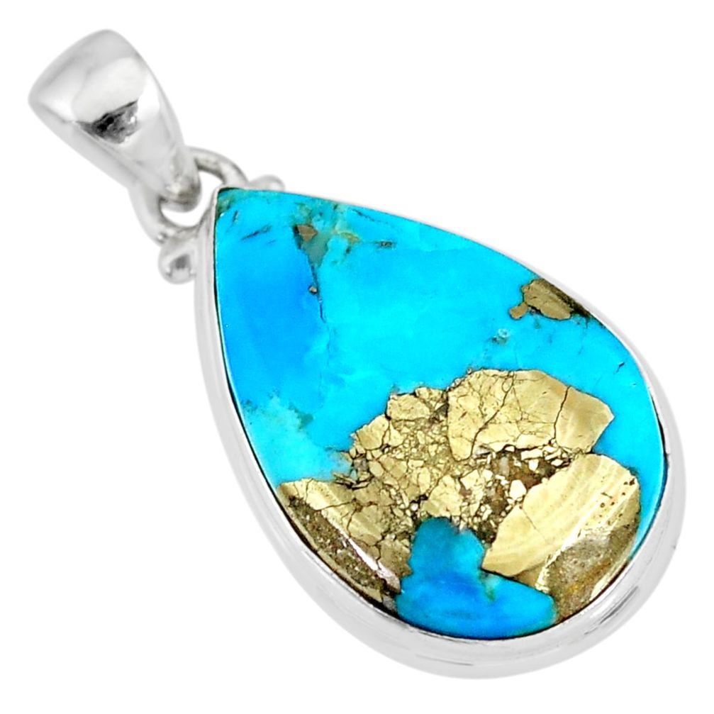 15.08cts natural blue persian turquoise pyrite pear 925 silver pendant r83445