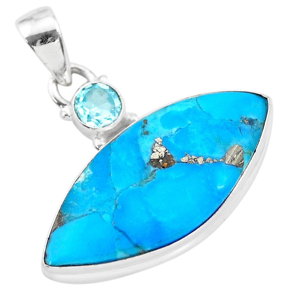 16.20cts natural blue persian turquoise pyrite topaz 925 silver pendant t28567