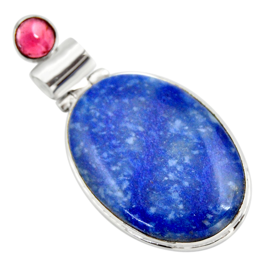 24.00cts natural blue quartz palm stone red garnet 925 silver pendant r32032