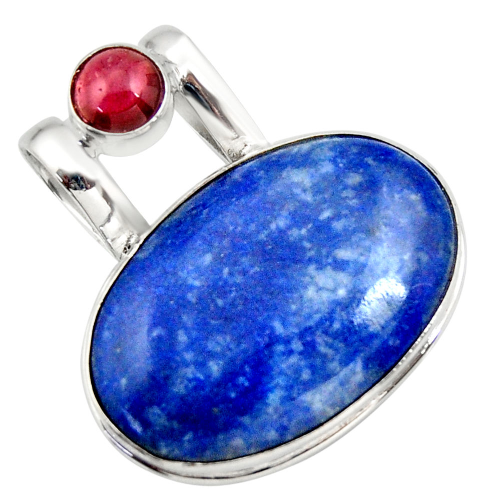 22.90cts natural blue quartz palm stone red garnet 925 silver pendant r32033