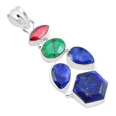 11.42cts natural blue sapphire emerald ruby 925 sterling silver pendant u32093
