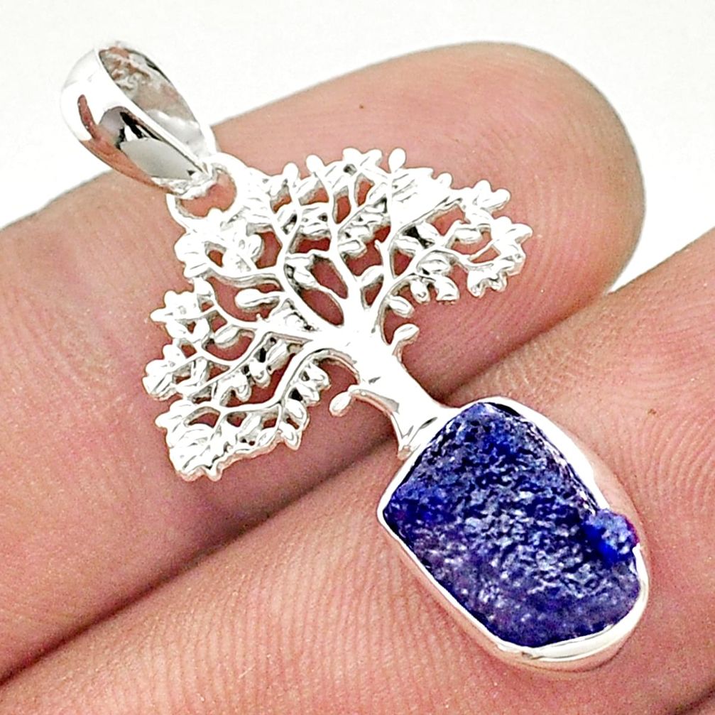4.65cts natural blue sapphire rough 925 silver tree of life pendant u42407