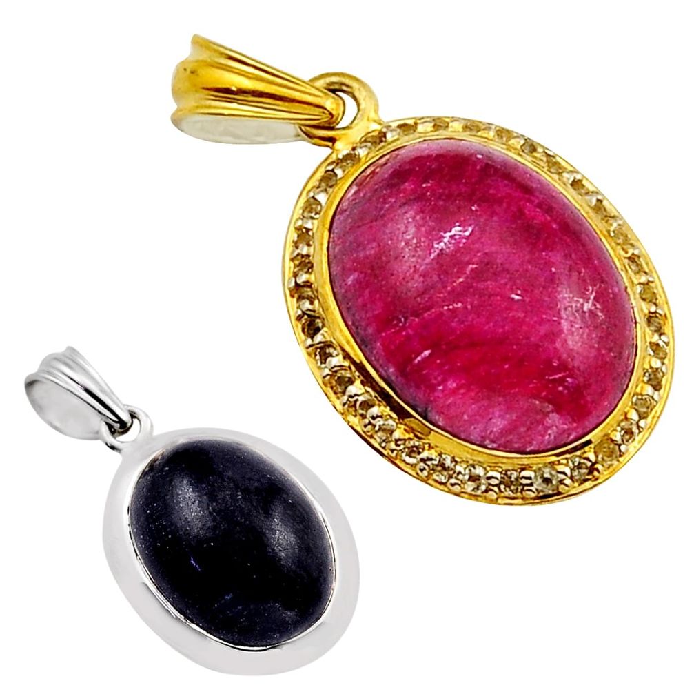 20.33cts natural blue sapphire ruby 925 silver gold reversible pendant n2969