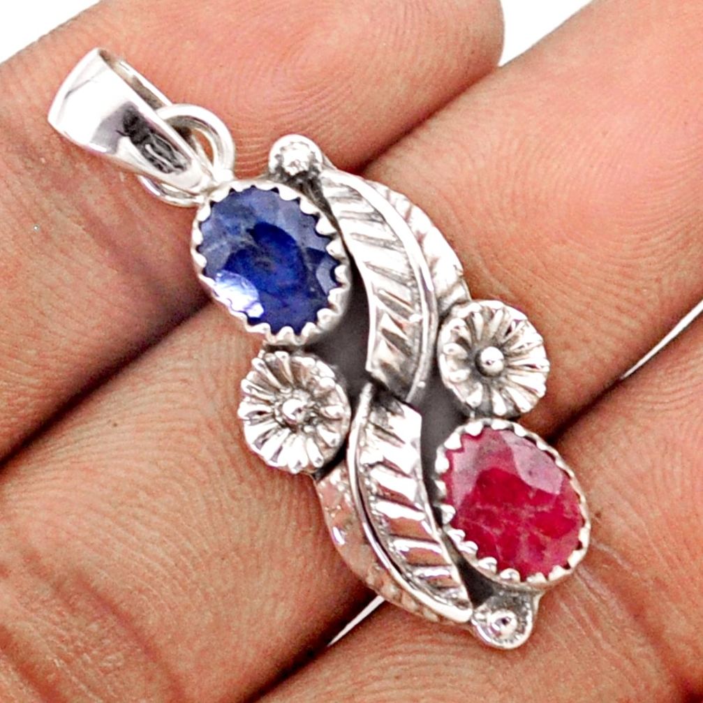 4.40cts natural blue sapphire ruby 925 sterling silver flower pendant t79955