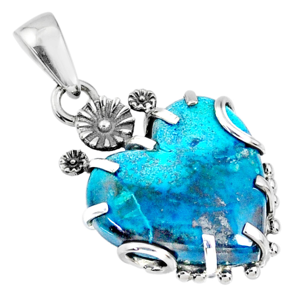 14.69cts natural blue shattuckite heart 925 sterling silver pendant r67587