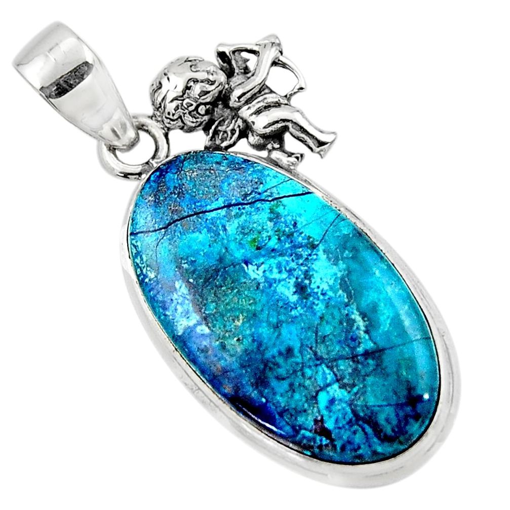 17.22cts natural blue shattuckite oval 925 sterling silver angel pendant r50445