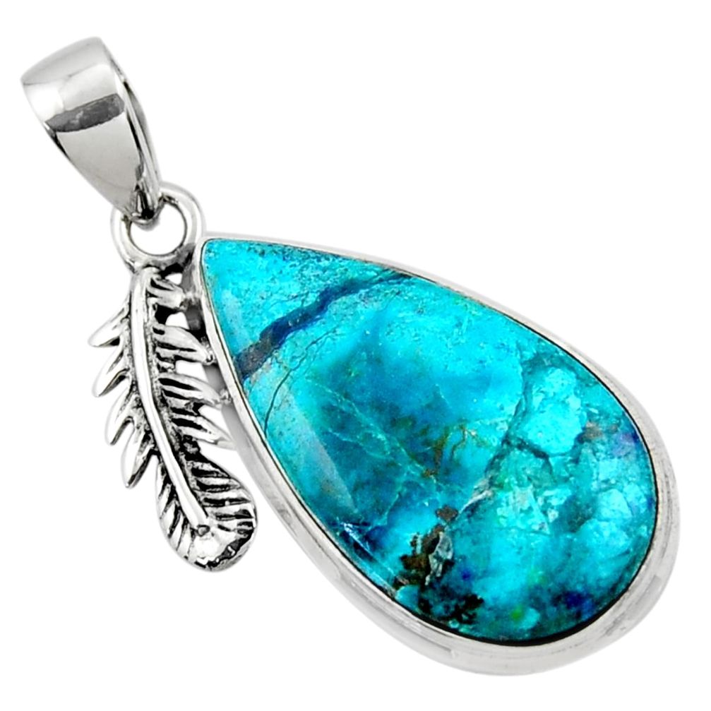 15.65cts natural blue shattuckite pear 925 silver deltoid leaf pendant r50426