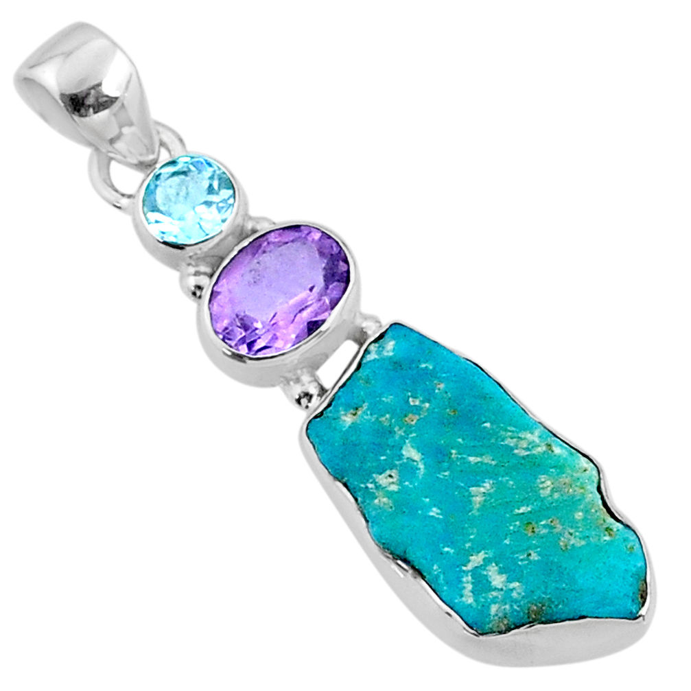 9.83cts natural blue sleeping beauty turquoise raw 925 silver pendant r66881