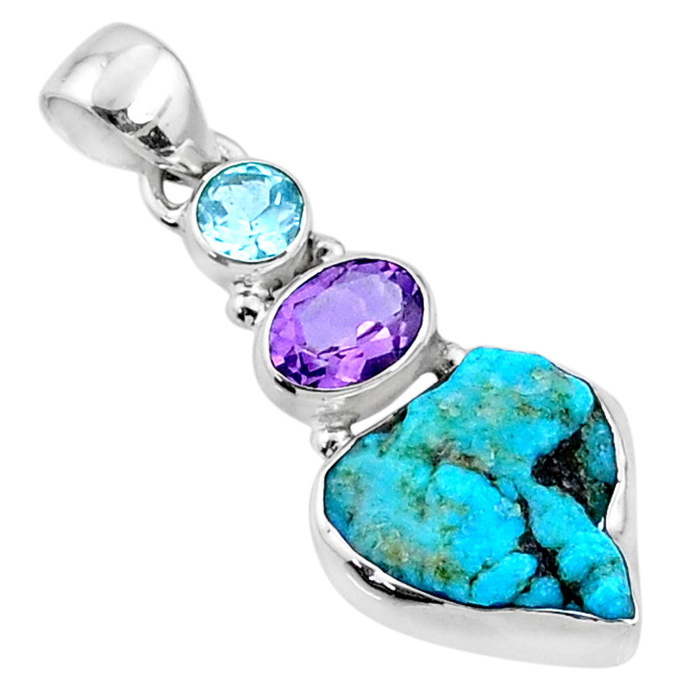 9.16cts natural blue sleeping beauty turquoise raw 925 silver pendant r66901