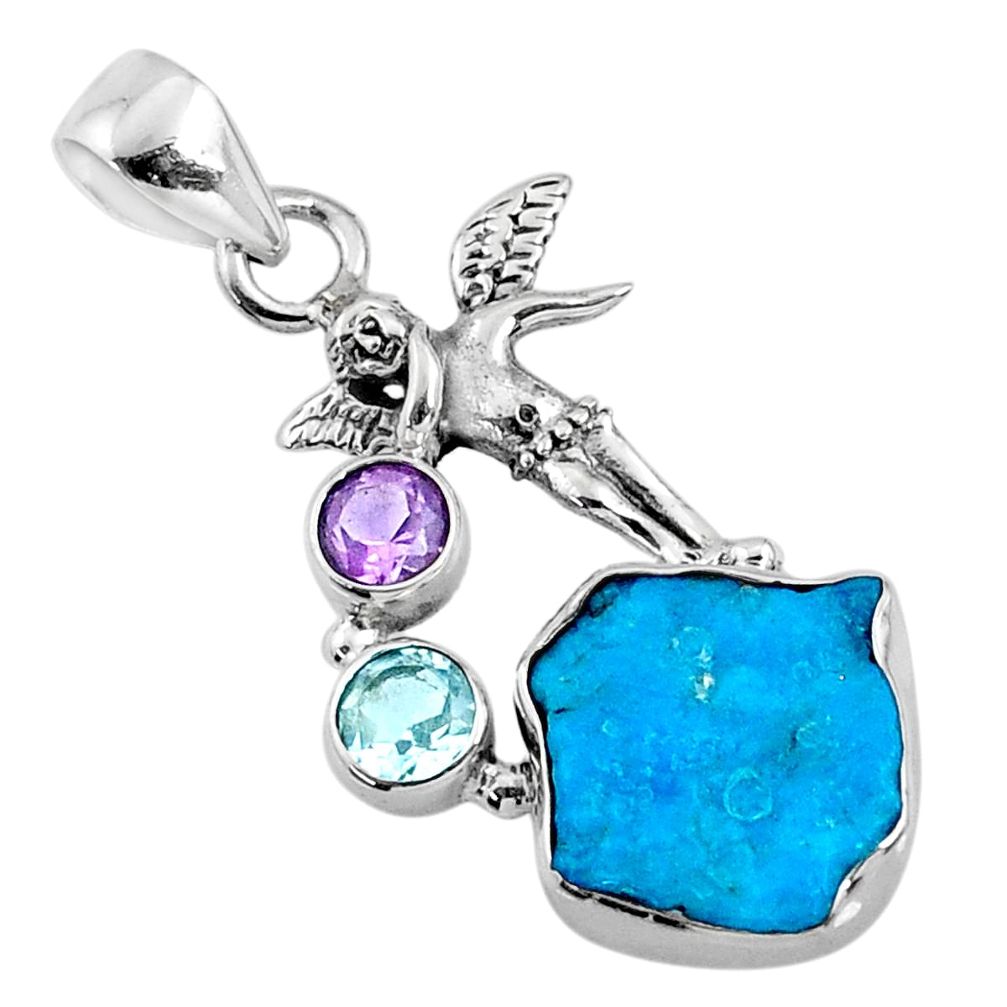 8.44cts natural blue sleeping beauty turquoise raw 925 silver pendant r66936