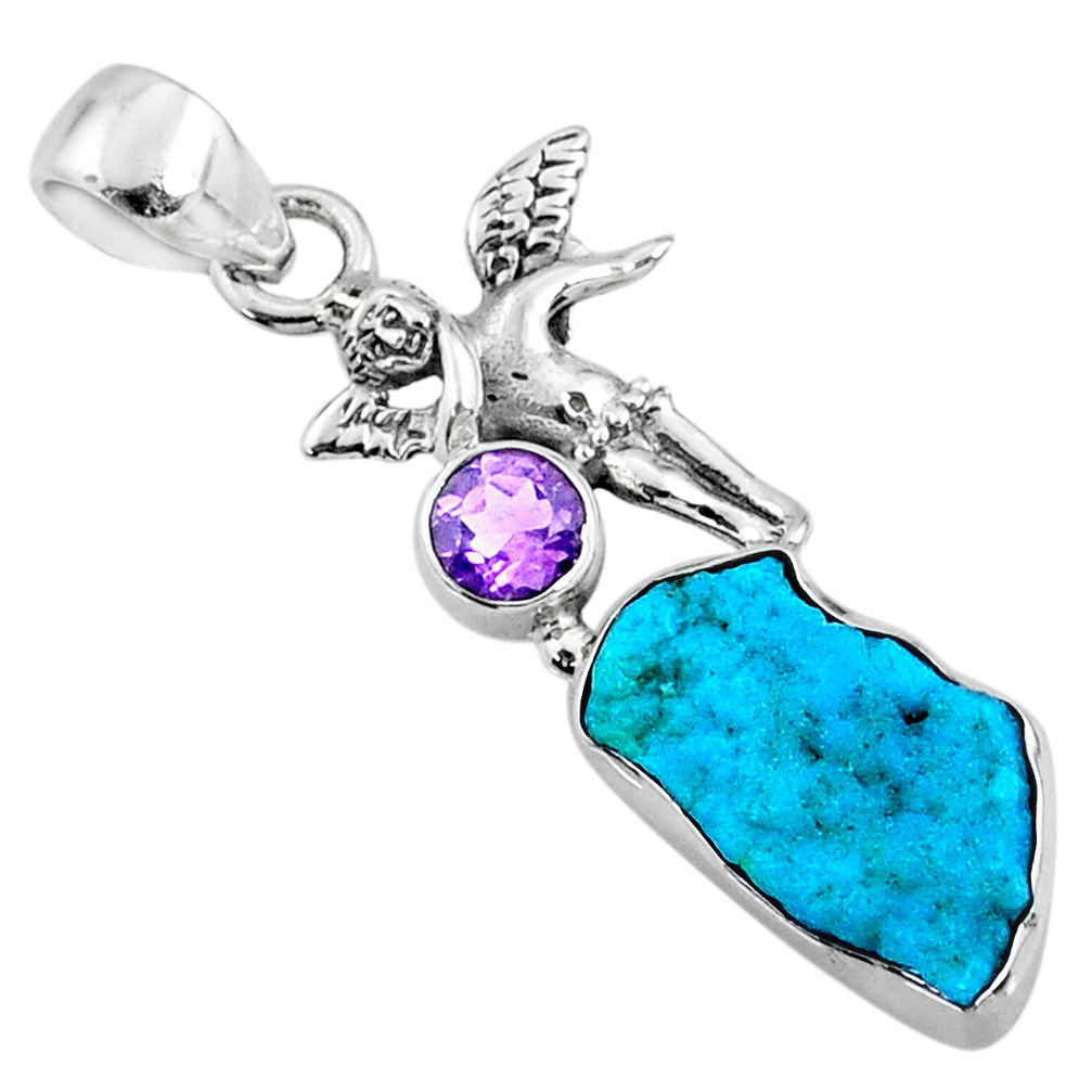 8.49cts natural blue sleeping beauty turquoise raw 925 silver pendant r66939