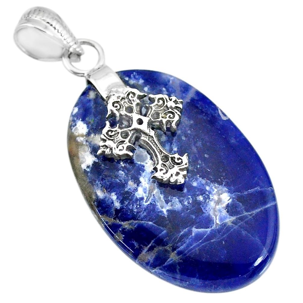 23.74cts natural blue sodalite 925 sterling silver holy cross pendant r91339